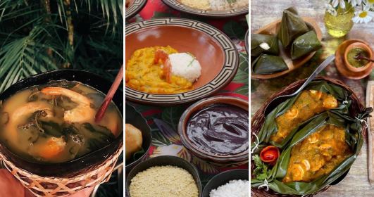 Foto de pratos tradicionais da comida dos povos originários, como tacacá, açaí e outros alimentos.