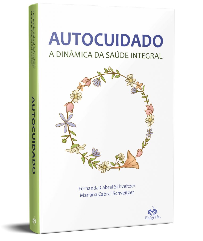 Foto da capa do livro com um círclo formado por rosas e o tíulo em azul com fundo branco. Autocuidado