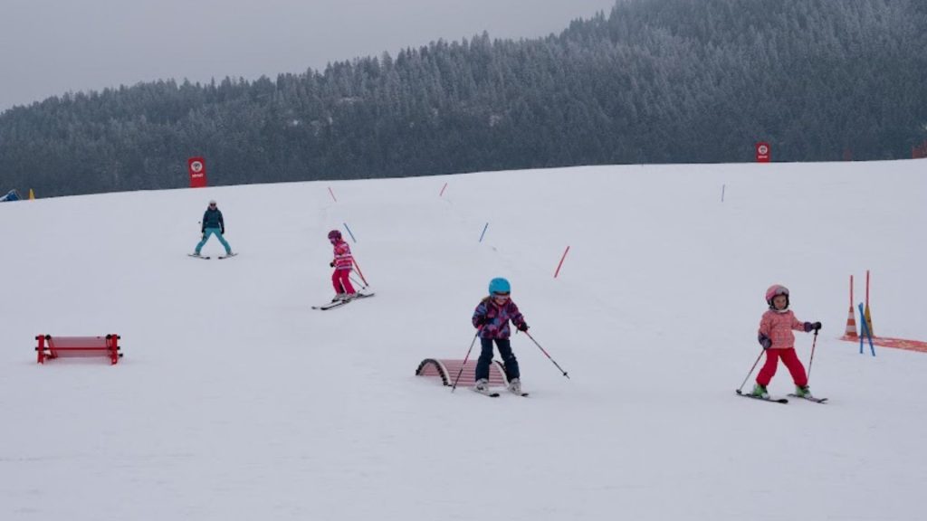 crianças esquiando na neve com o tempo cinzento. 