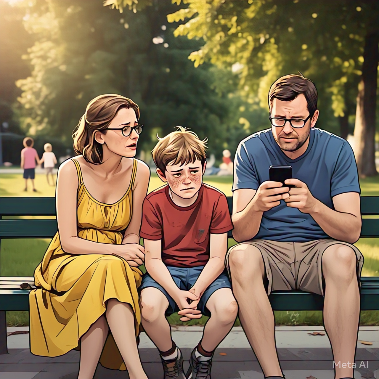 Família aparentemente triste com o pai no celular em um parque